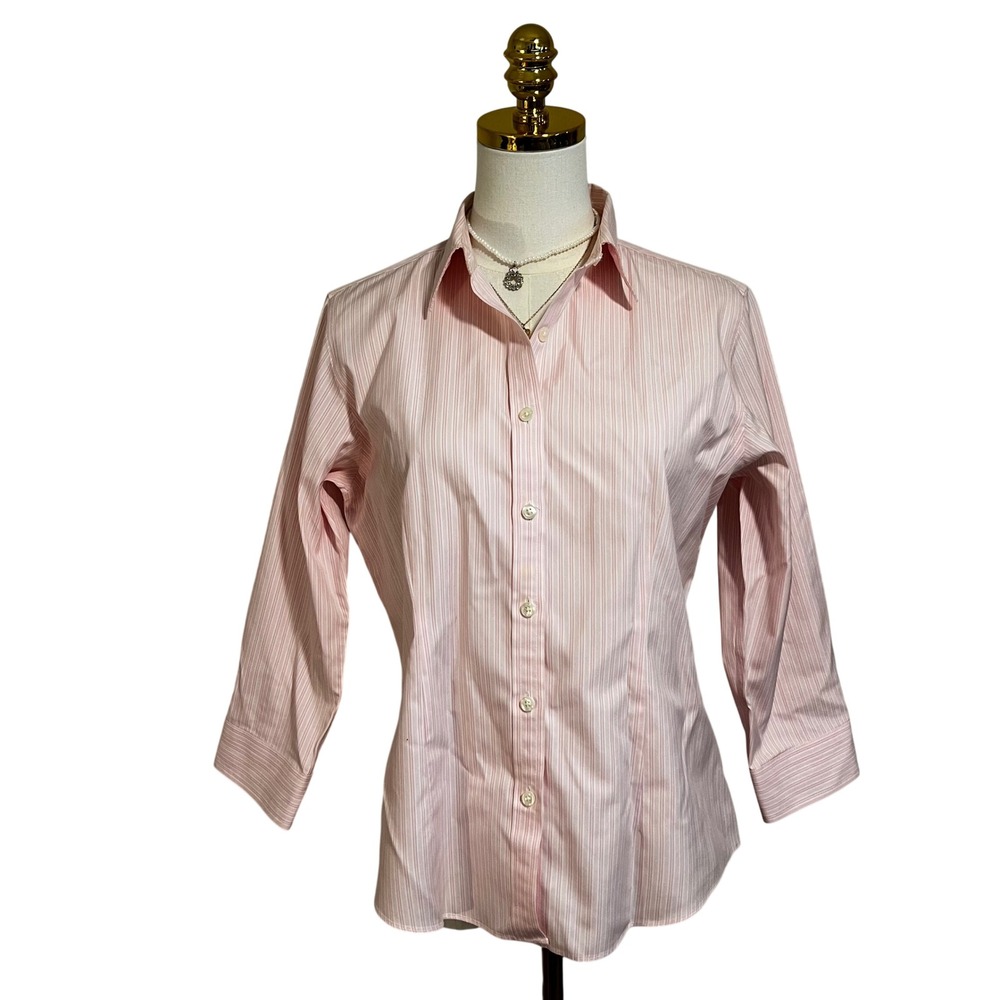LL Bean Wrinkle Resistant Pink White Striped 3/4 Sleeve Button Down Shirt S